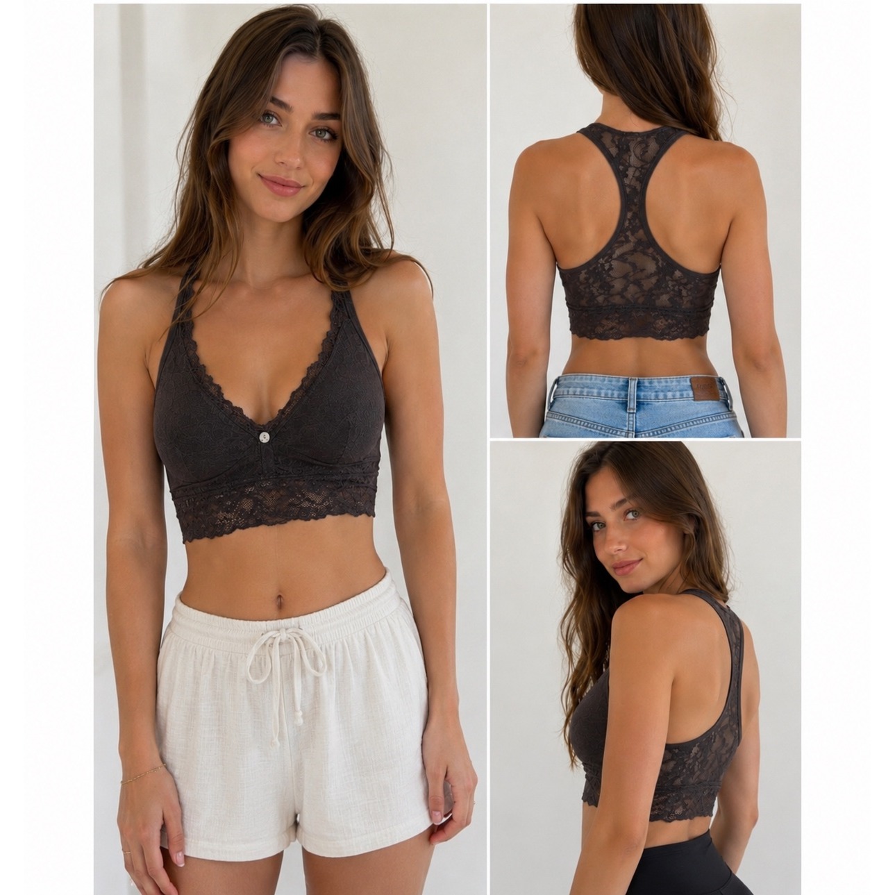 Dkny Lace Bralette Brown Racerback Floral Lace Bra Women S M Logo Charm